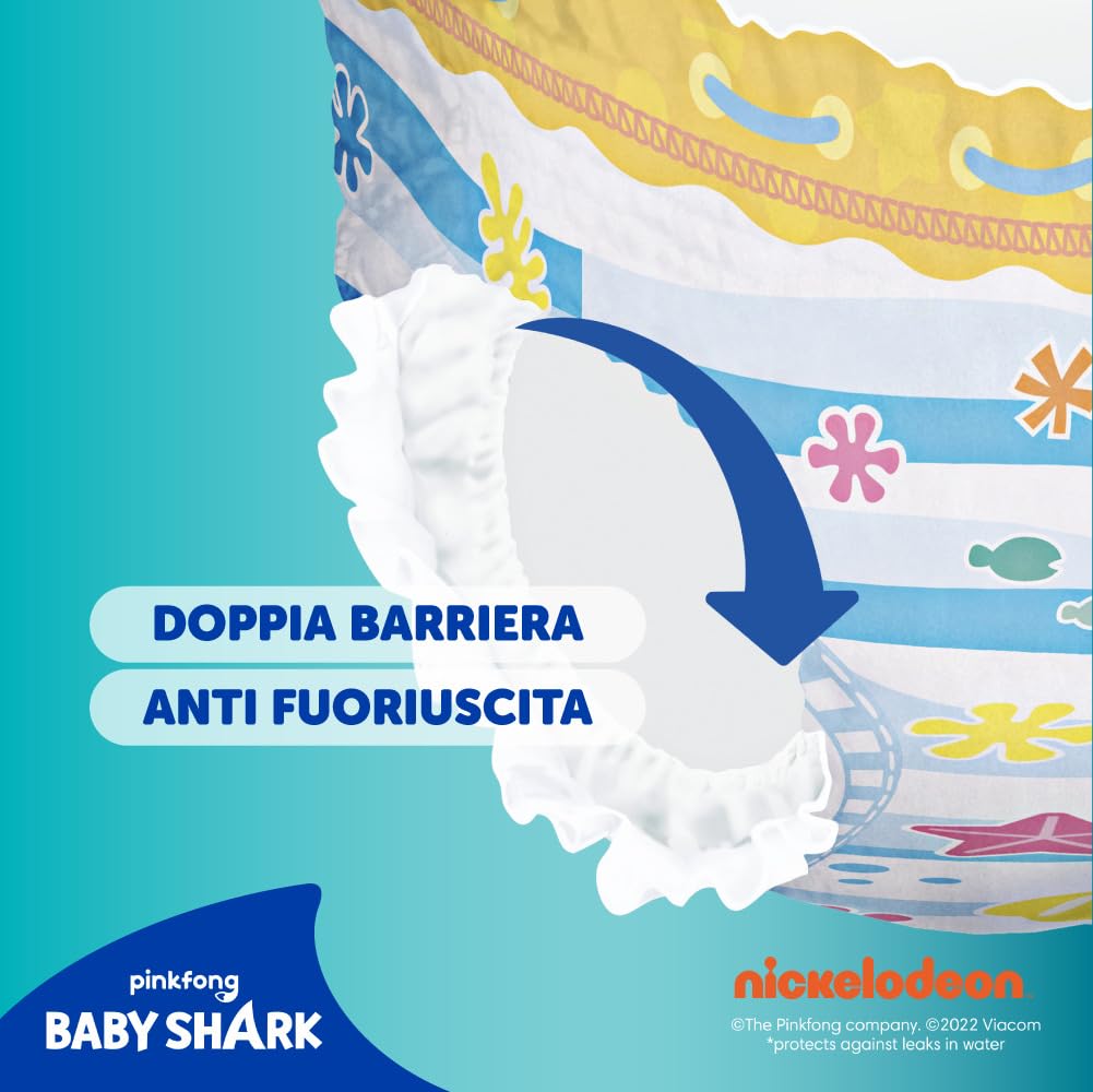 Pampers Costumino, Taglia 4 (8-15 kg), Doppia Barriera Laterale Anti-Fuoriuscita, Rimozione Facile, Fascia Elastica Avvolgente, Mare e Piscina, Cambio Veloce, Estate, Baby Shark, 11 Pannolini