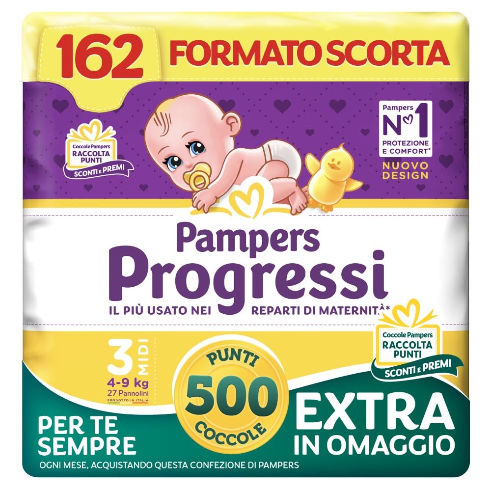 Pampers Progressi Midi, Taglia 3 (4-9 kg), Formato Scorta, Indicatore di Bagnato, Pelli Delicate, Linguette Rinforzate, Anti-Fuoriuscite, 162 Pannolini Neonato + 500 Punti Omaggio
