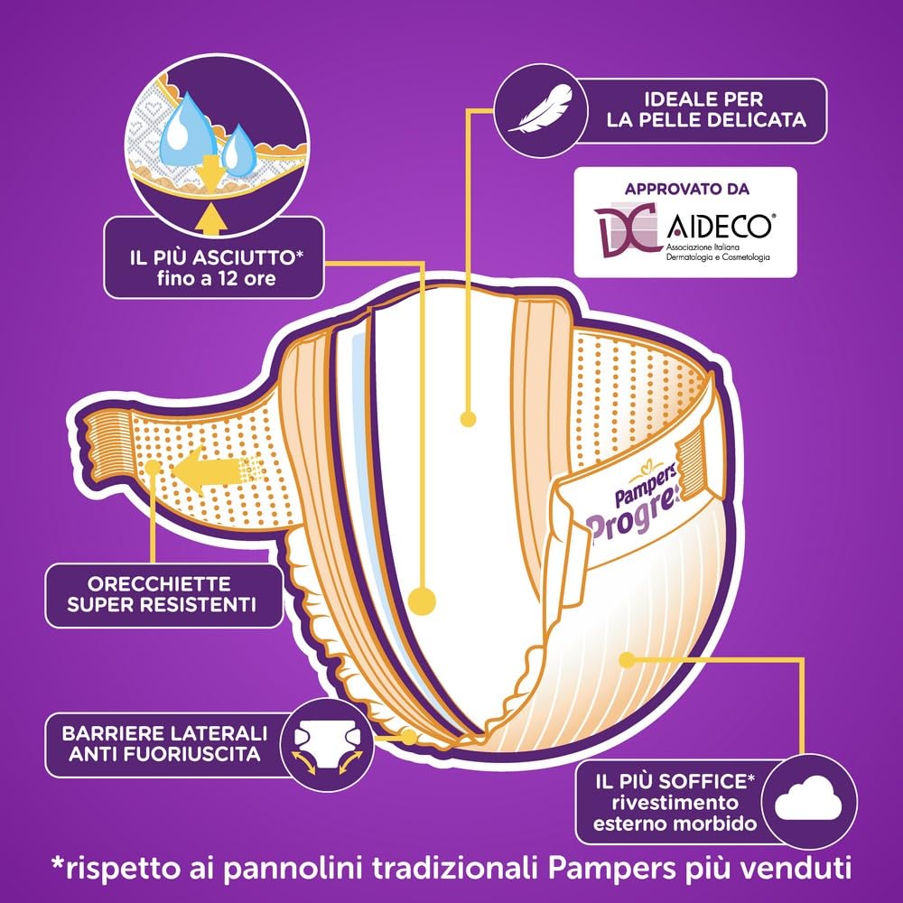Pampers Progressi XL, Taglia 6 (16+ kg), Formato Scorta, Pelli Delicate, Linguette Rinforzate, Anti-Fuoriuscite, 102 Pannolini Bambino + 500 Punti Omaggio