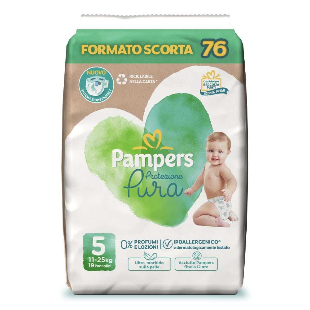 Pampers Protezione Pura, Taglia 5 (11-25 kg), Ipoallergenico, Barriera Stop&Protect, Anti-Fuoriuscite, Formato Scorta, 0% Profumo e Lozioni, Pelli Sensibili, Ultra Morbido, 76 Pannolini Bambino