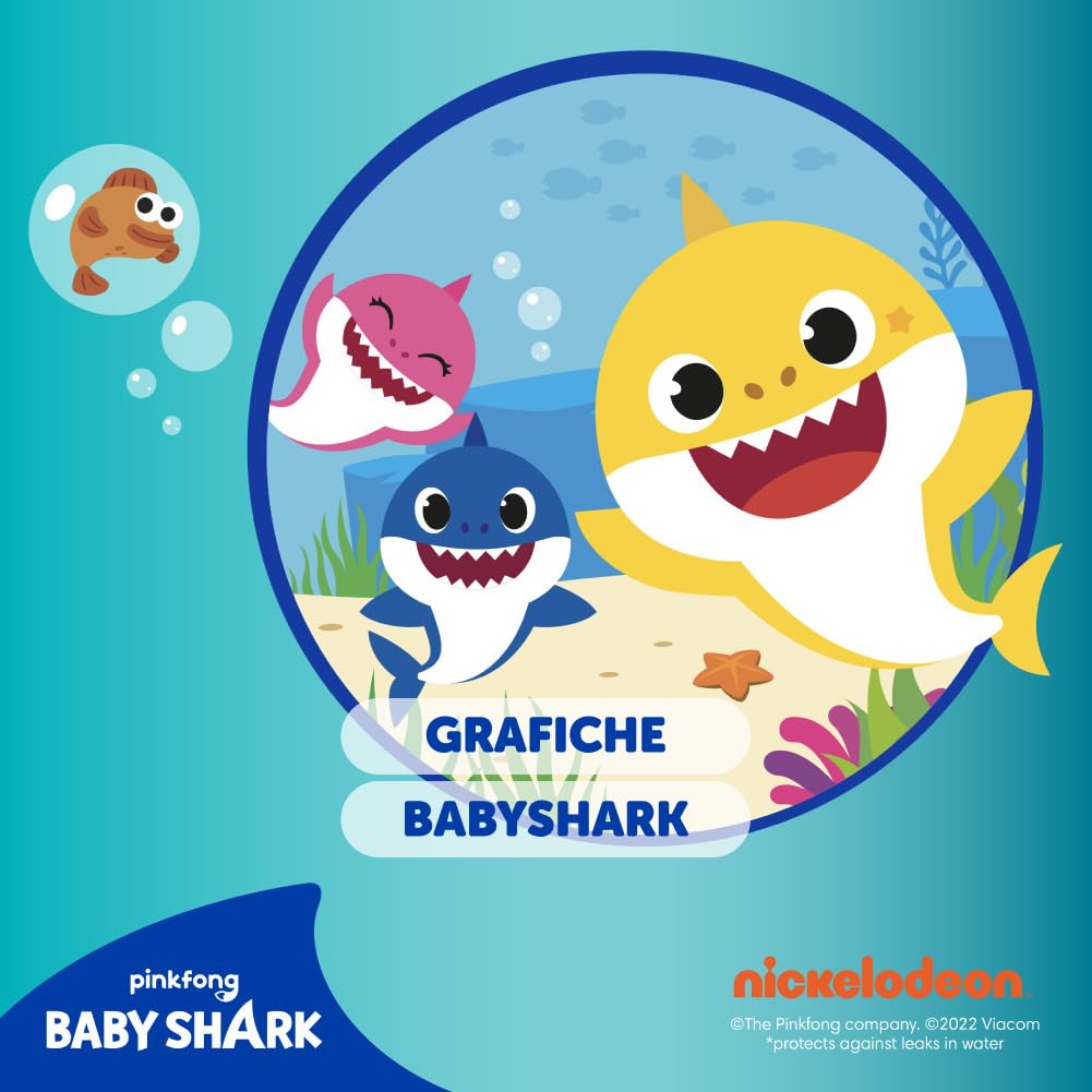 Pampers Costumino, Taglia 4 (8-15 kg), Doppia Barriera Laterale Anti-Fuoriuscita, Rimozione Facile, Fascia Elastica Avvolgente, Mare e Piscina, Cambio Veloce, Estate, Baby Shark, 11 Pannolini