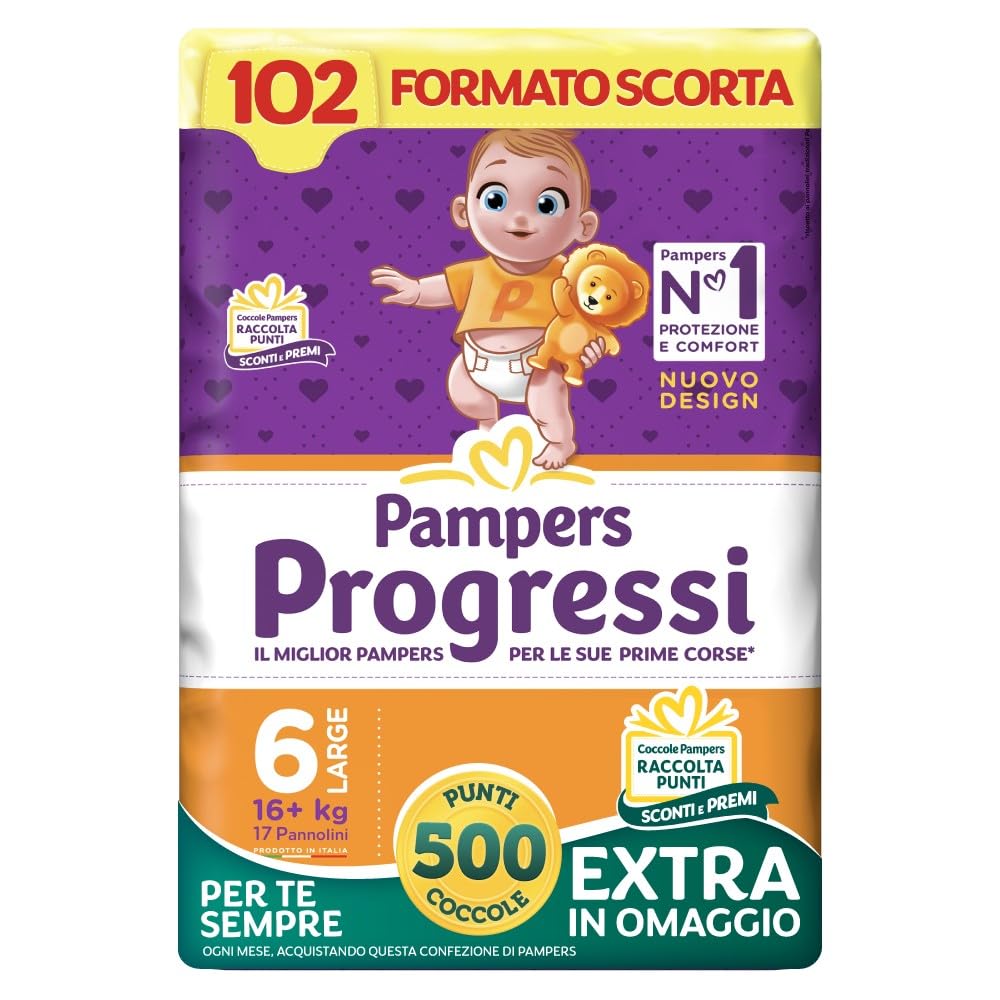 Pampers Progressi XL, Taglia 6 (16+ kg), Formato Scorta, Pelli Delicate, Linguette Rinforzate, Anti-Fuoriuscite, 102 Pannolini Bambino + 500 Punti Omaggio