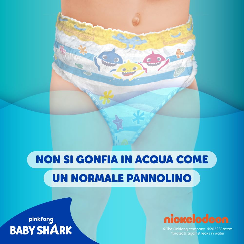 Pampers Costumino, Taglia 3 (6-11 kg), Doppia Barriera Laterale Anti-Fuoriuscita, Rimozione Facile, Fascia Elastica Avvolgente, Mare e Piscina, Cambio Veloce, Estate, Baby Shark, 12 Pannolini