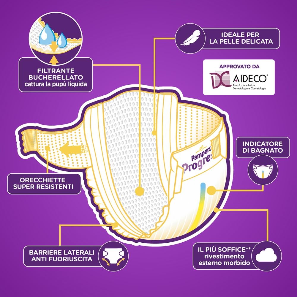 Pampers Progressi Midi, Taglia 3 (4-9 kg), Formato Scorta, Indicatore di Bagnato, Pelli Delicate, Linguette Rinforzate, Anti-Fuoriuscite, 162 Pannolini Neonato + 500 Punti Omaggio