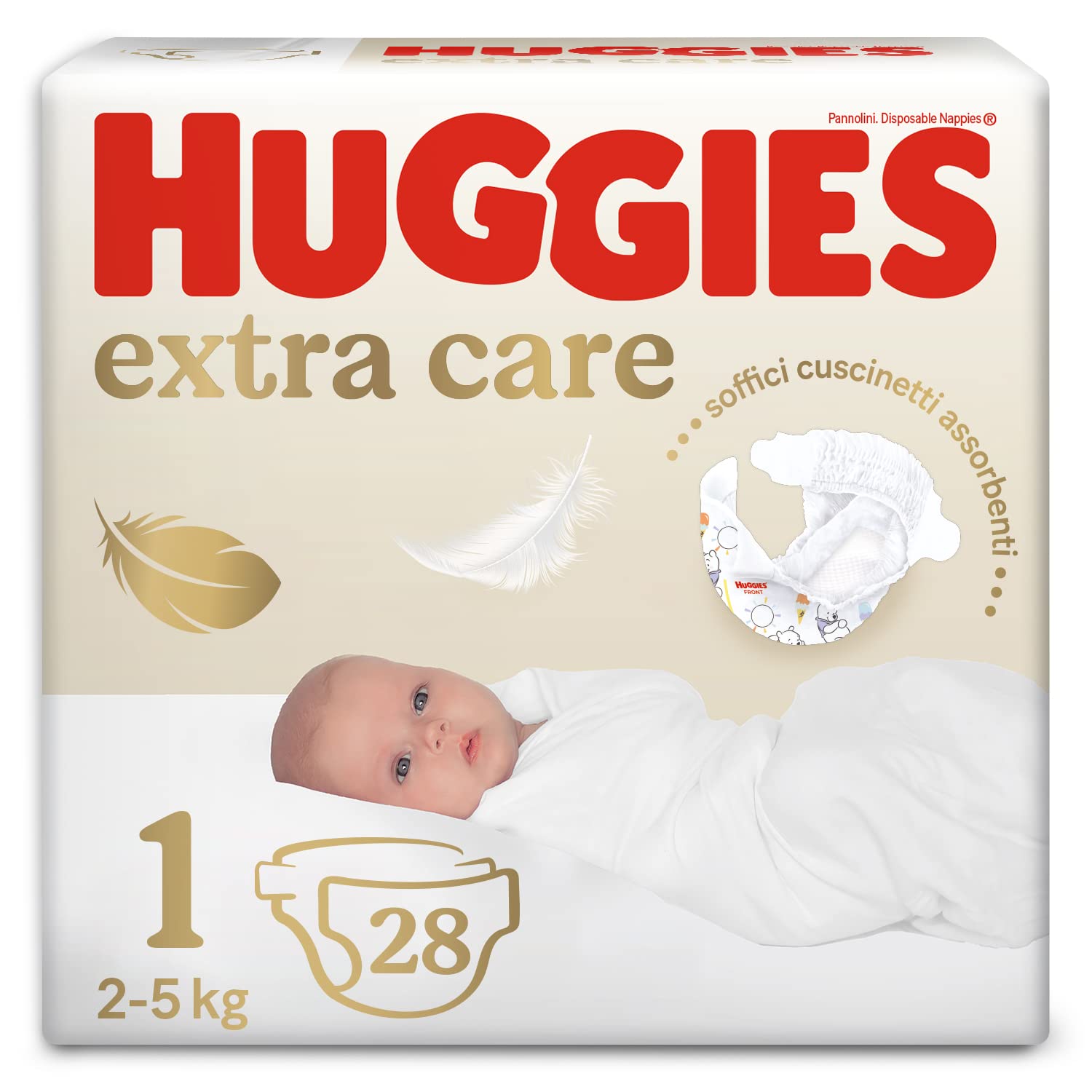 Huggies Extra Care Bebe, Pannolini Taglia 1 (2-5Kg), Ipoallergenico, Design Winnie The Pooh, 28 Pz
