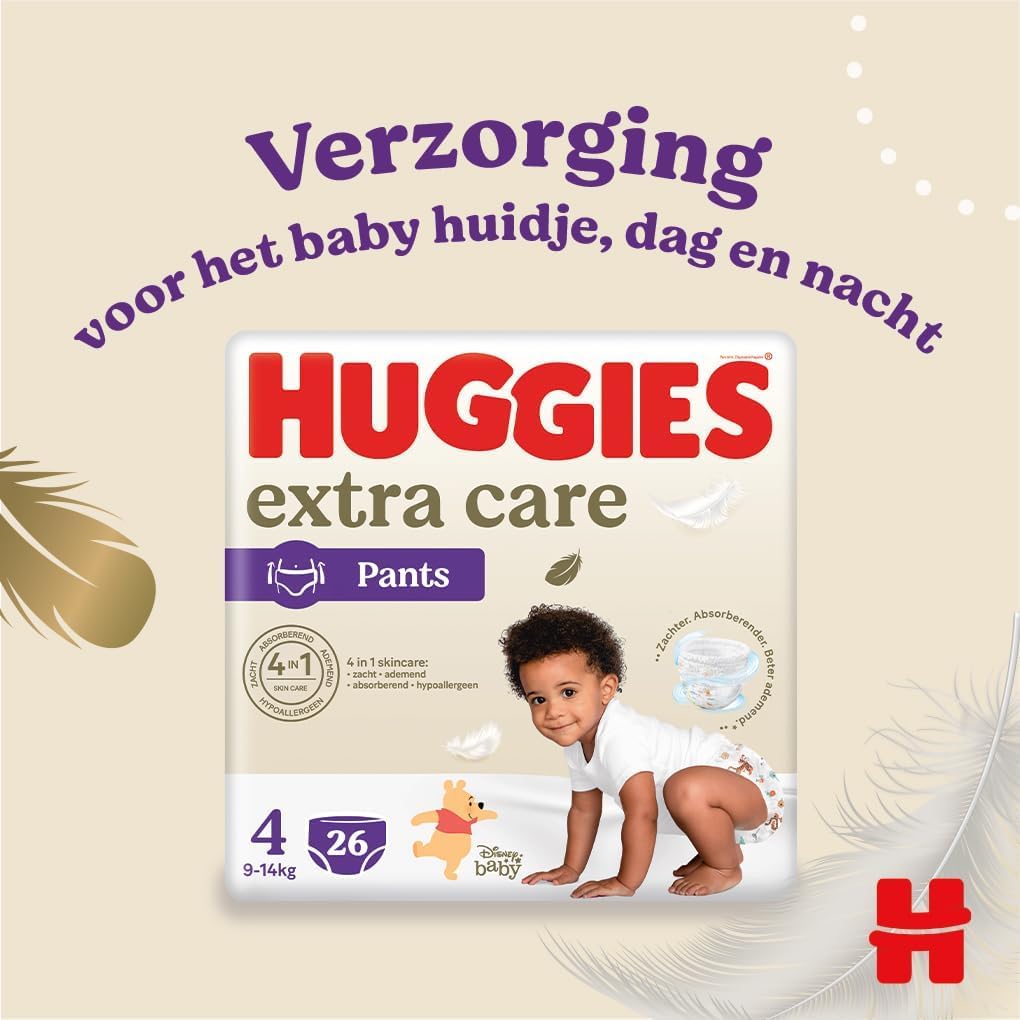 Huggies Extra Care, Pannolini Taglia 4 (9-14 kg), Mutandina traspirante, Pacco Scorta, 104 Pz