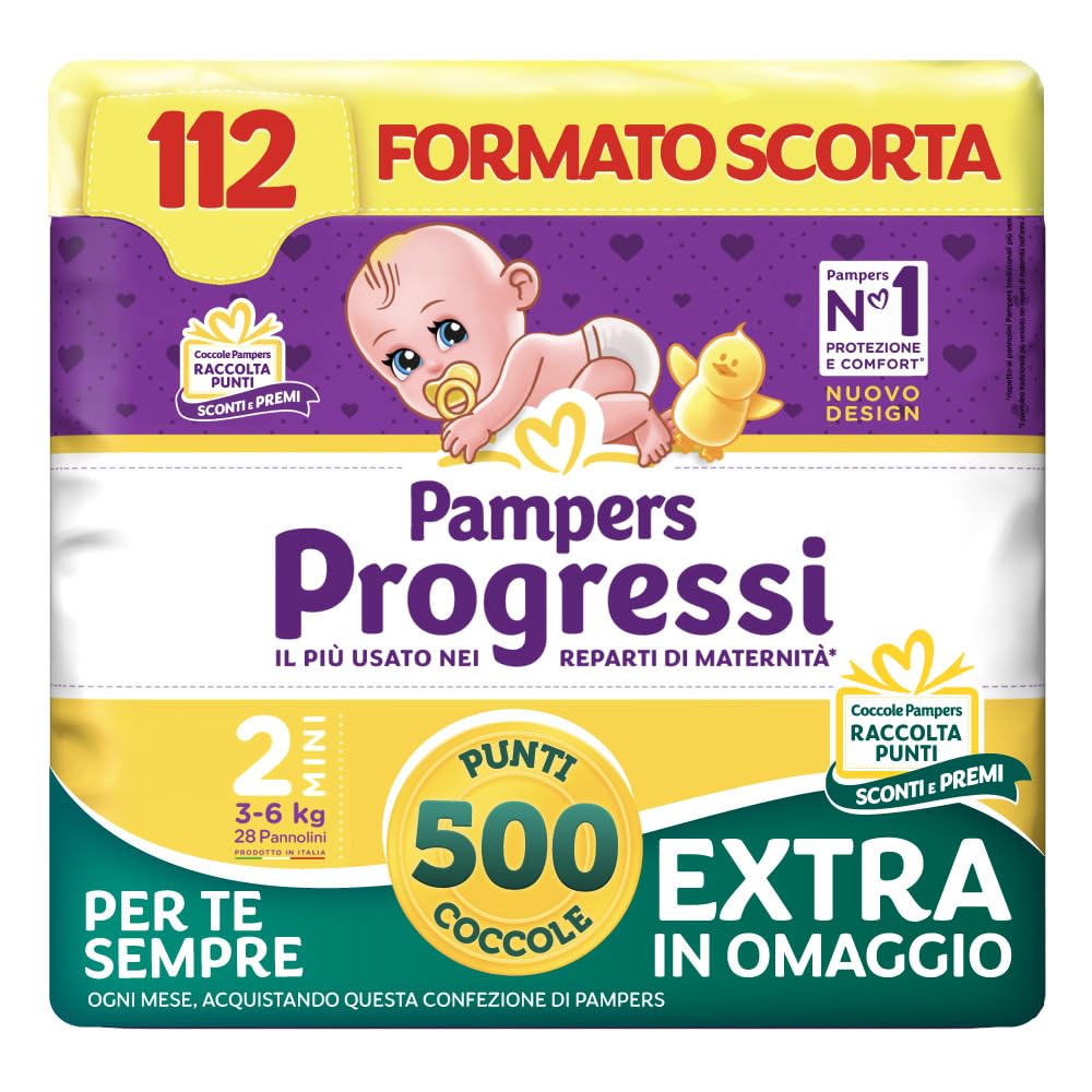 Pampers Progressi Mini, Taglia 2 (3-6 kg), Formato Scorta, Indicatore di Bagnato, Pelli Delicate, Linguette Rinforzate, Anti-Fuoriuscite, 112 Pannolini Neonato + 500 Punti Omaggio