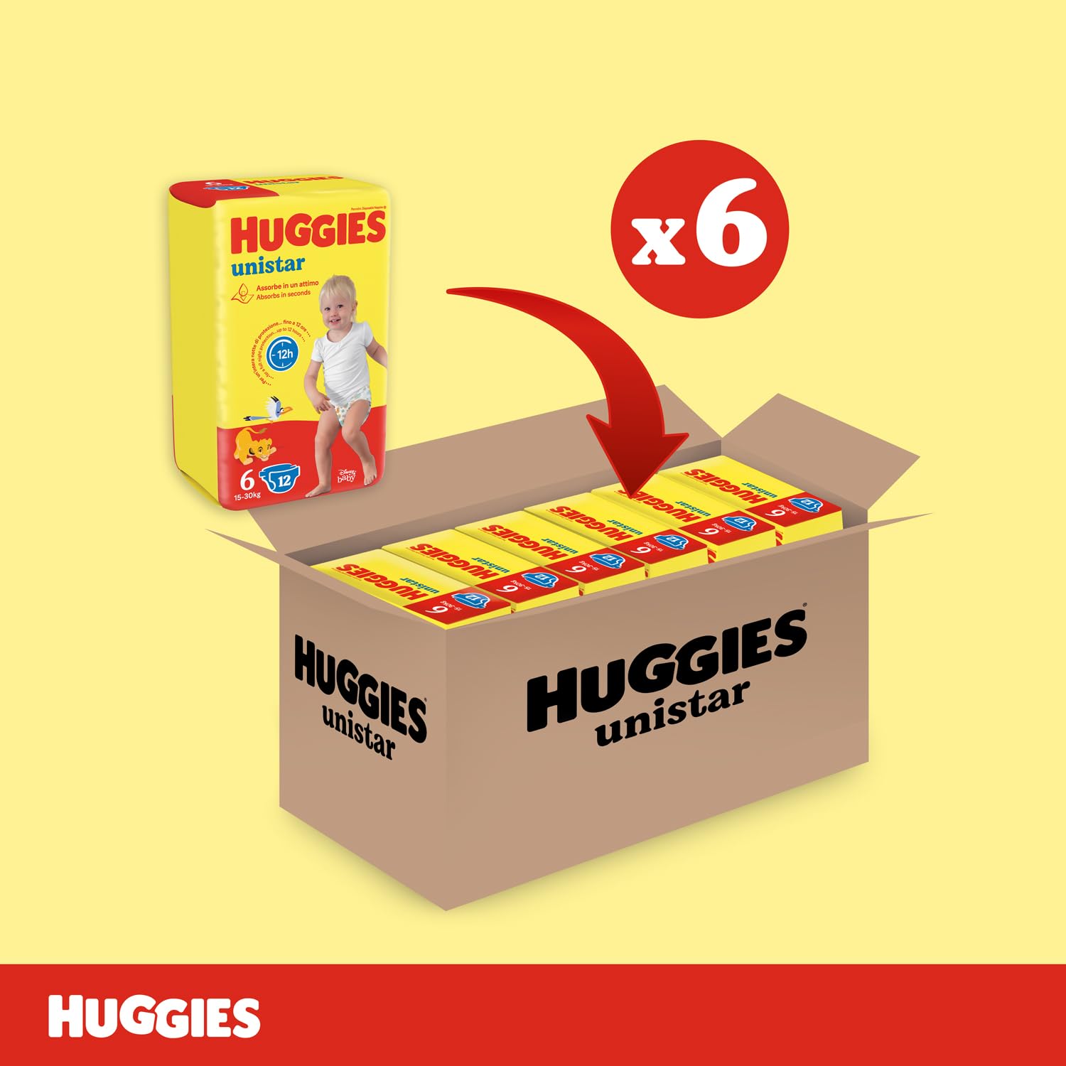Huggies Unistar, Pannolini Taglia 6 (15-30 Kg), Design Disney, Protezione completa, 72 Pz