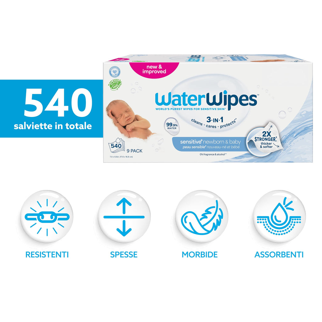 WaterWipes Sensitive+ Newborn & Baby Wipes, Salviettine per Neonati e Bambini, 540 Pezzi (9 Confezioni), Deterge, Cura, Protegge, 99,9% Acqua, Senza Profumo