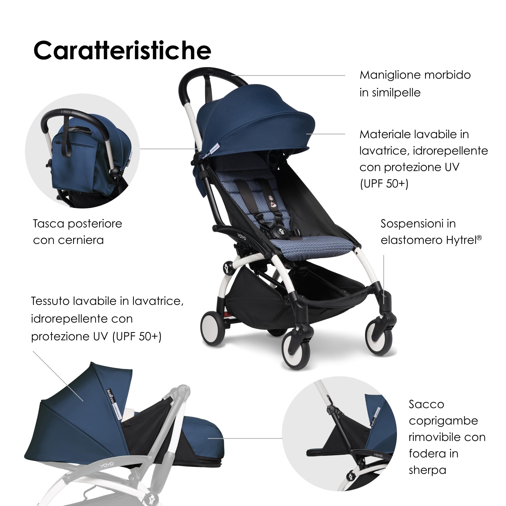 Passeggino Completo BABYZEN YOYO2 - Include Kit per Neonati 0+ (Air France Blue), Telaio (Bianco) & Rivestimento colorato 6+ (Air France Blue) - Per Bambini fino a 22 kg