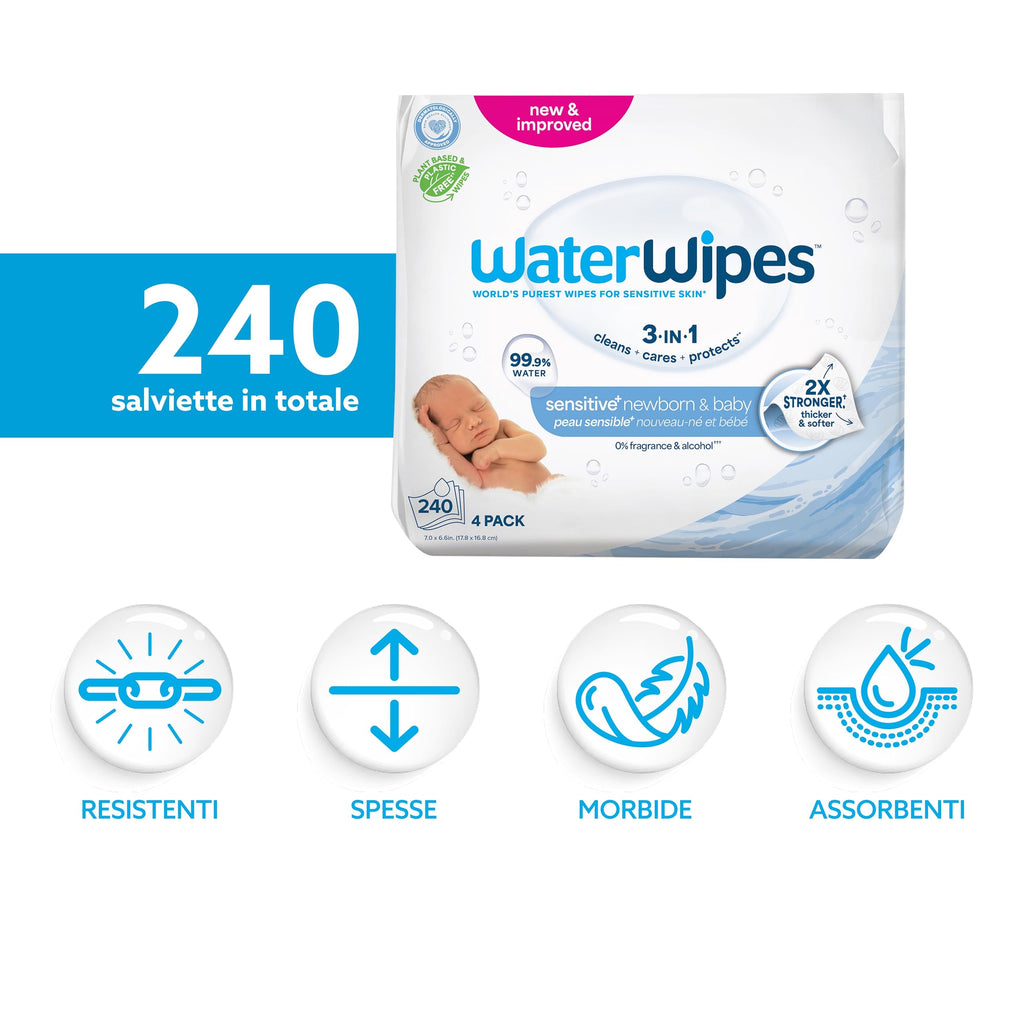 WaterWipes Sensitive+ Newborn & Baby Wipes, Salviettine per Neonati e Bambini, 240 Pezzi (4 Confezioni), Deterge, Cura, Protegge, 99,9% Acqua, Senza Profumo