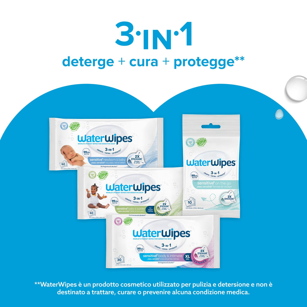 WaterWipes Sensitive+ Newborn & Baby Wipes, Salviettine per Neonati e Bambini, 240 Pezzi (4 Confezioni), Deterge, Cura, Protegge, 99,9% Acqua, Senza Profumo