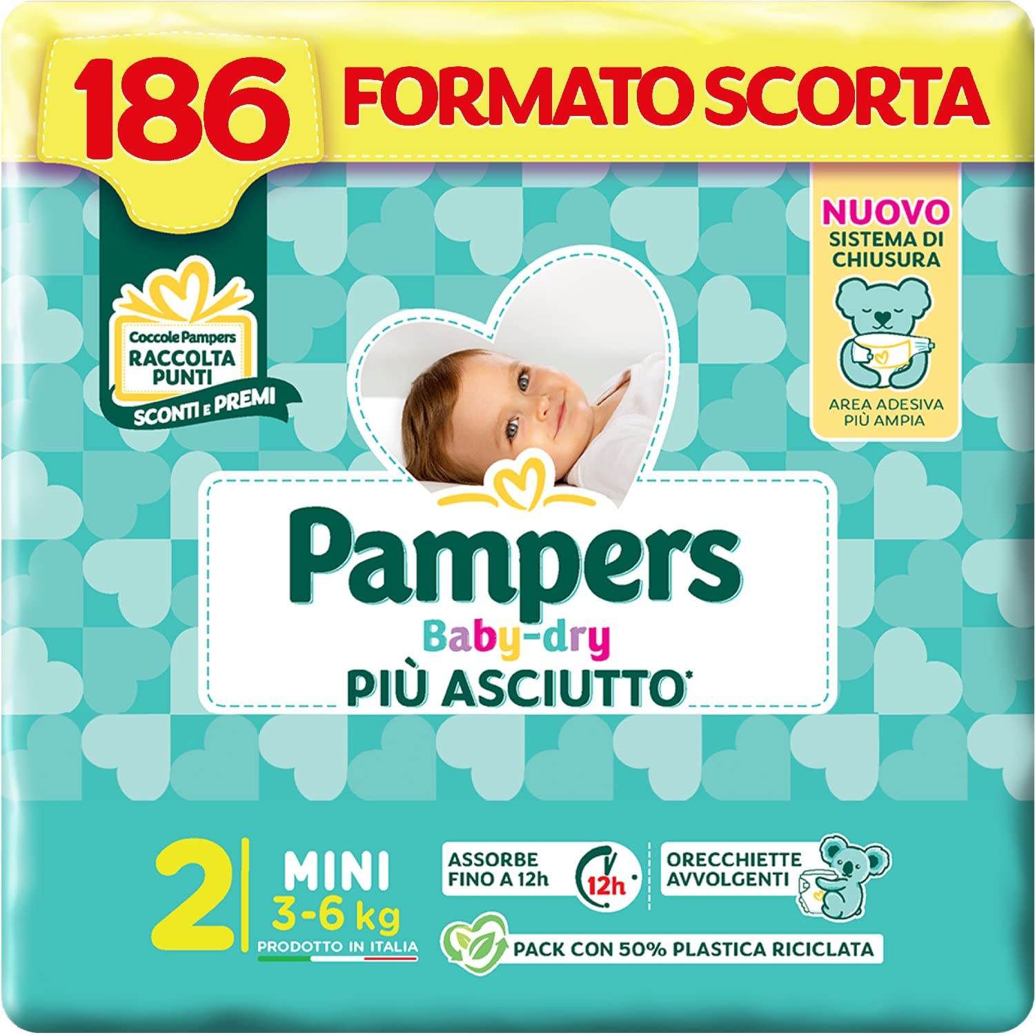 Pampers Baby Dry Mini, Taglia 2 (3-6 kg), Formato Scorta, Barriere Anti-Fuoriuscite, Più Asciutto Fino a 12h, Linguette Rinforzate e Avvolgenti, 186 Pannolini Neonato