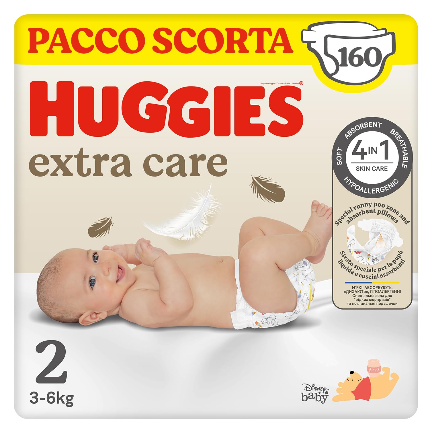 Huggies Extra Care Bebe, Pannolini Taglia 2 (3-6Kg), Ultra assorbente, Pacco Scorta, 160 Pz