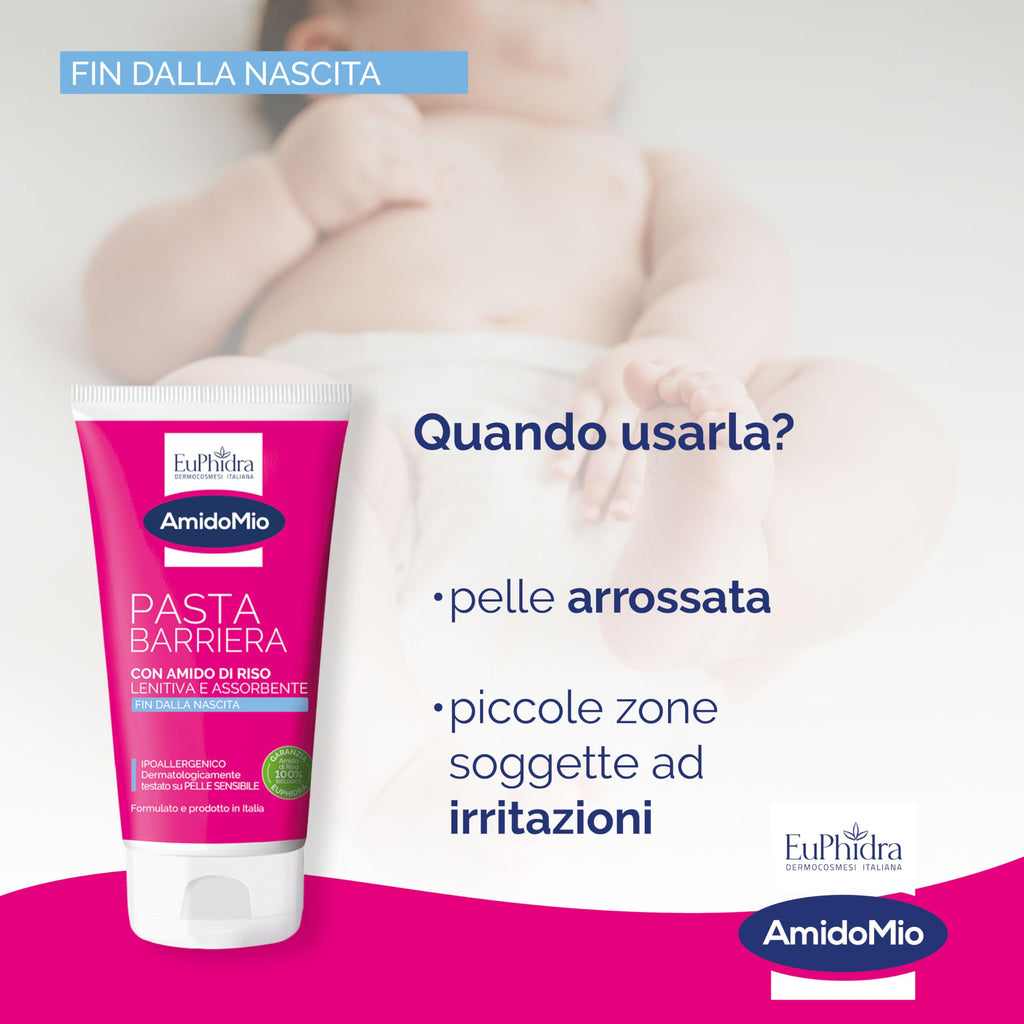 Euphidra - AmidoMio Pasta Barriera, Azione Protettiva e Lenitiva con Amido di Riso 100% da agricoltura biologica, Indicato per le Pelli Fragili e Sottili dei Neonati, Tubo 150ml