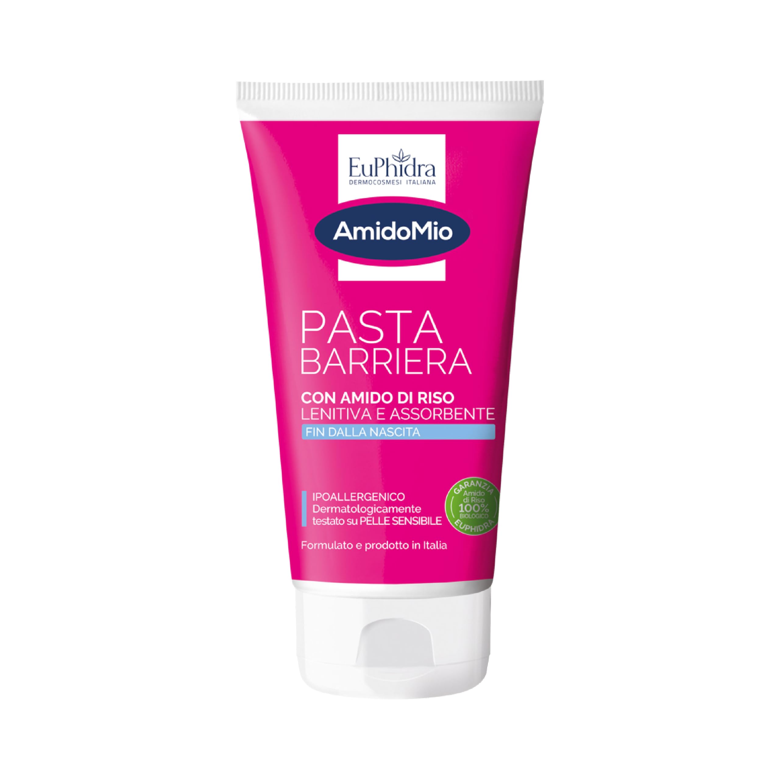 Euphidra - AmidoMio Pasta Barriera, Azione Protettiva e Lenitiva con Amido di Riso 100% da agricoltura biologica, Indicato per le Pelli Fragili e Sottili dei Neonati, Tubo 150ml