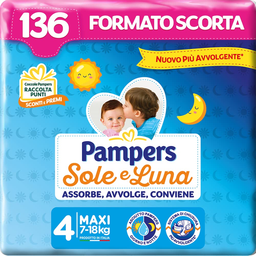 Pampers Sole e Luna Pannolini Maxi, Bambini Unisex, Taglia 4 (7-18 kg), 136 Pannolini