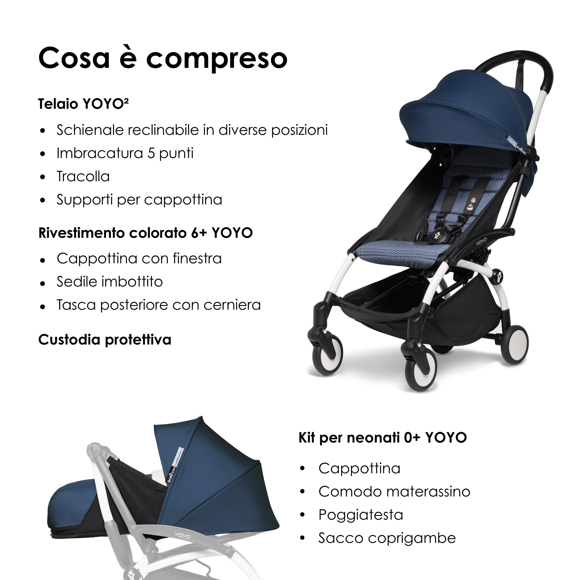 Passeggino Completo BABYZEN YOYO2 - Include Kit per Neonati 0+ (Air France Blue), Telaio (Bianco) & Rivestimento colorato 6+ (Air France Blue) - Per Bambini fino a 22 kg
