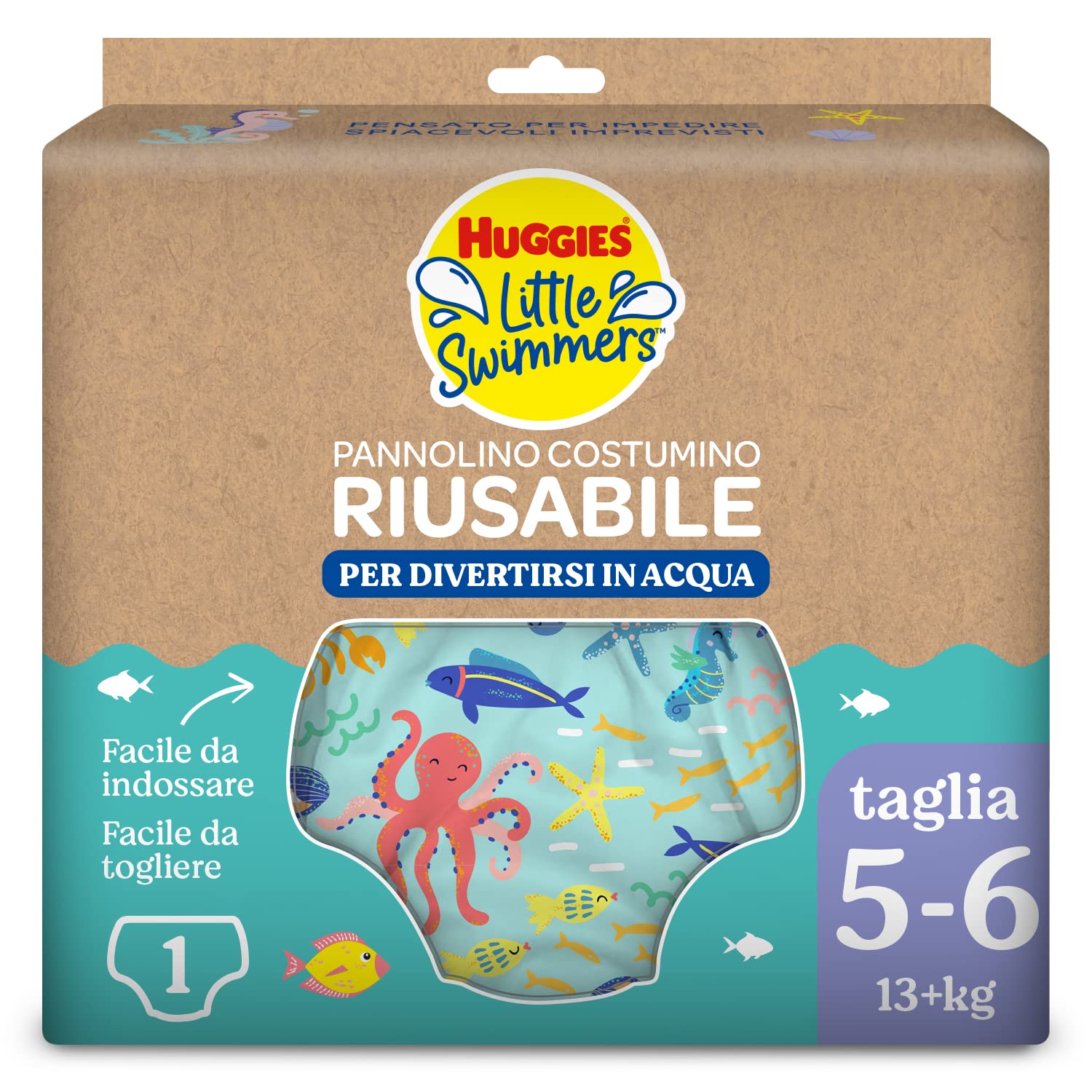 Huggies Little Swimmers, Pannolino Costumino, Taglia 5-6 (13+ kg), Riutilizzabile, Con Fantasia Marina, 1 Pz