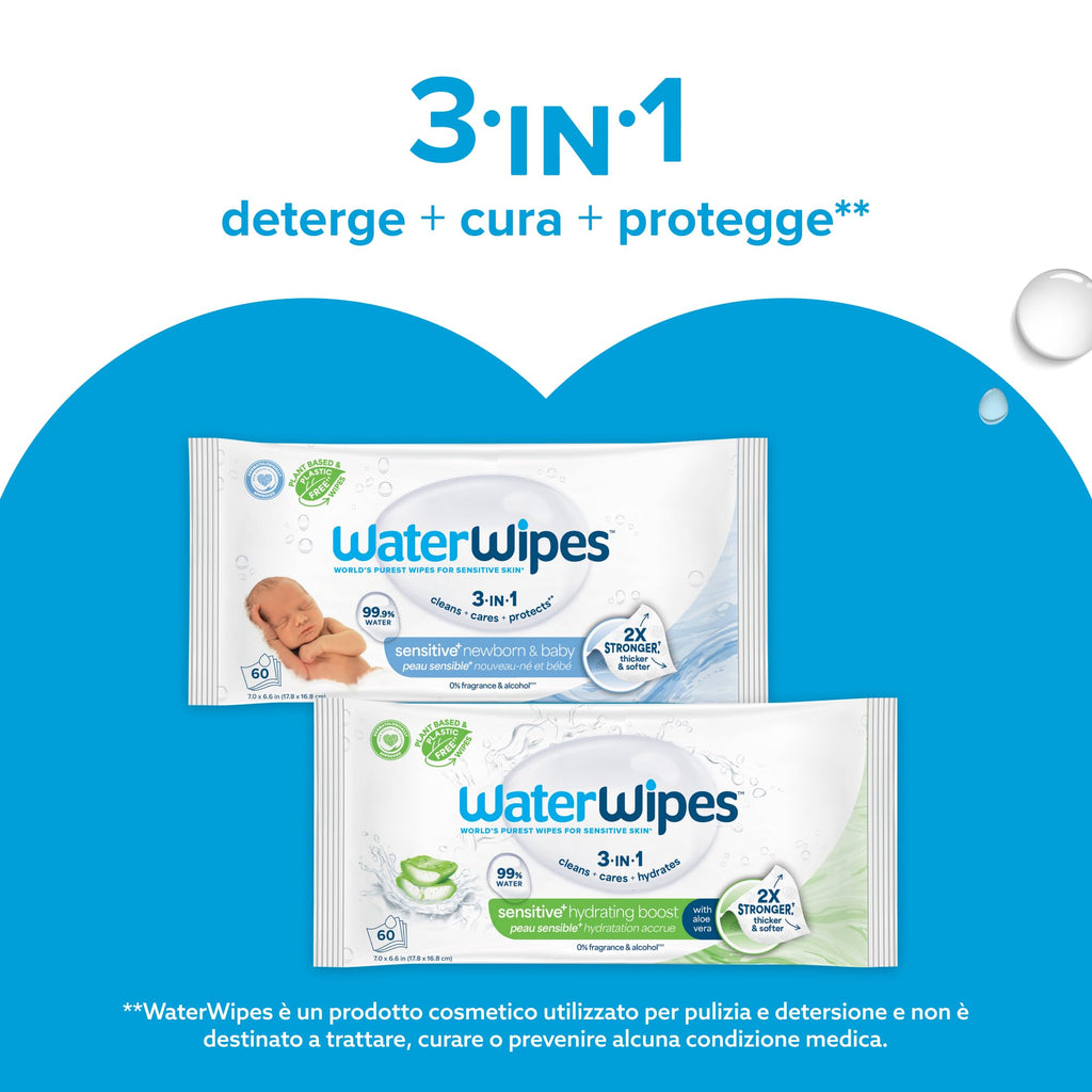 WaterWipes Sensitive+ Newborn & Baby Wipes, Salviettine per Neonati e Bambini, 540 Pezzi (9 Confezioni), Deterge, Cura, Protegge, 99,9% Acqua, Senza Profumo
