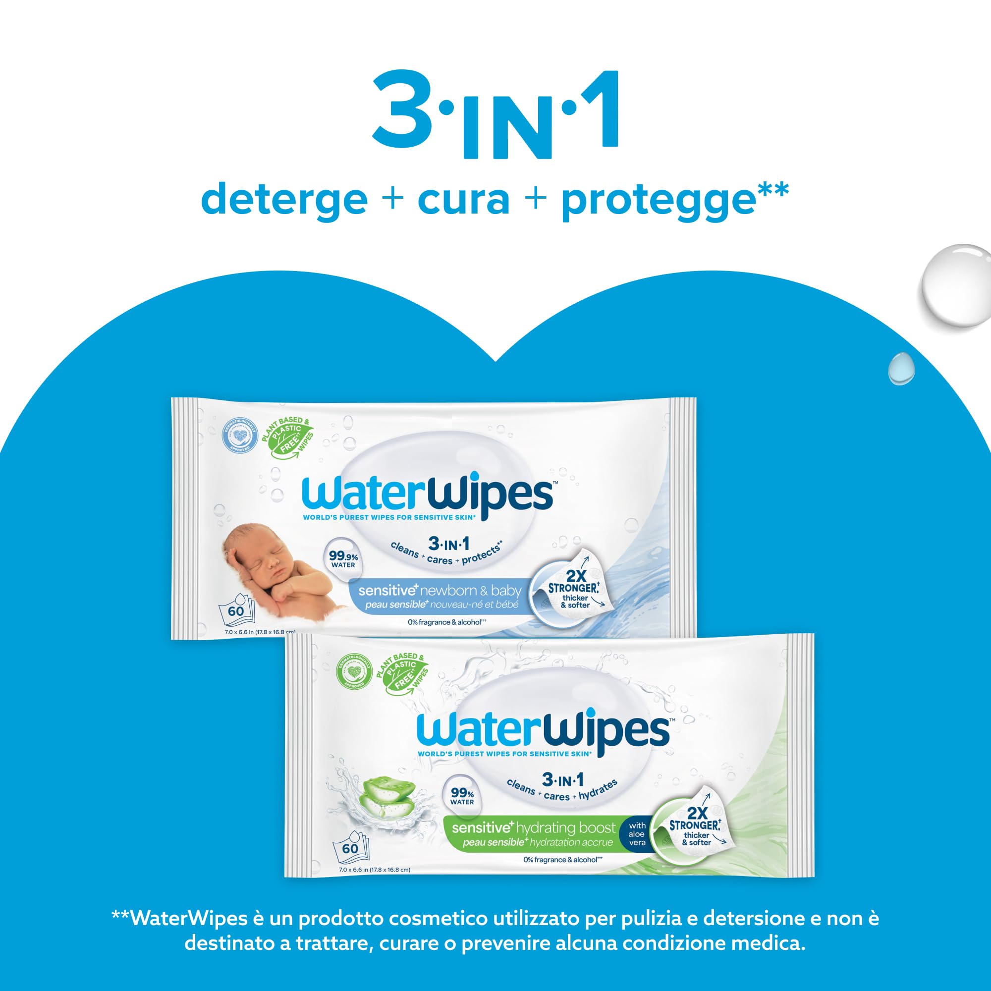 WaterWipes Sensitive+ Newborn & Baby Wipes, Salviettine per Neonati e Bambini, 540 Pezzi (9 Confezioni), Deterge, Cura, Protegge, 99,9% Acqua, Senza Profumo