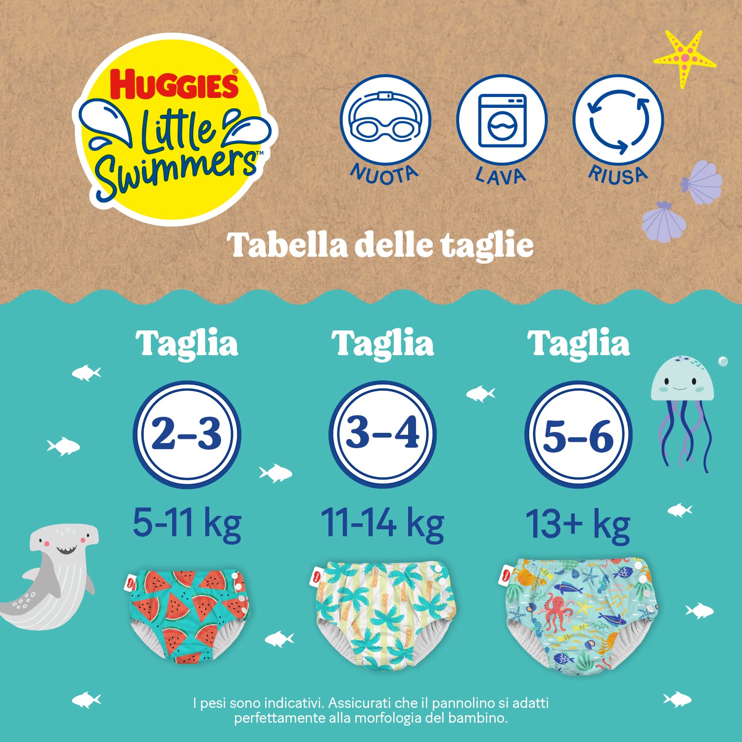 Huggies Little Swimmers, Pannolino Costumino, Taglia 2-3 (5-11 kg), Riutilizzabile, Con Fantasia Angurie, 1 Pz