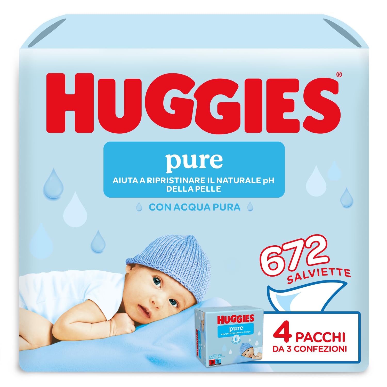 Huggies Pure, Salviette neonato, 99% acqua pura, 65% fibre assorbenti naturali, 672 Pz (12 x 56)