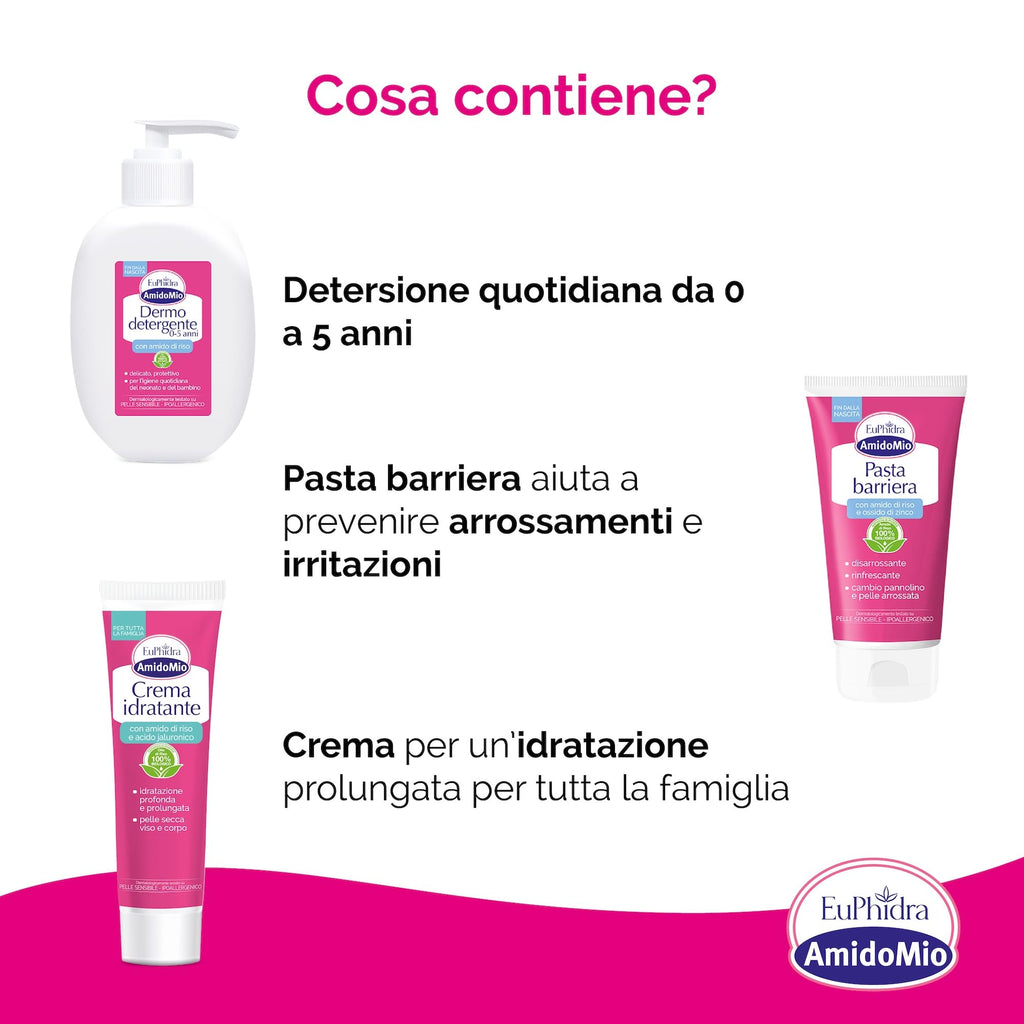 Euphidra - Kit Idratazione e Protezione Baby, con Pasta Barriera, Crema Idratante e Dermo Detergente, a Base di Amido di Riso e Acido Ialuronico, Lenitivo e Delicato per la Pelle dei Neonati