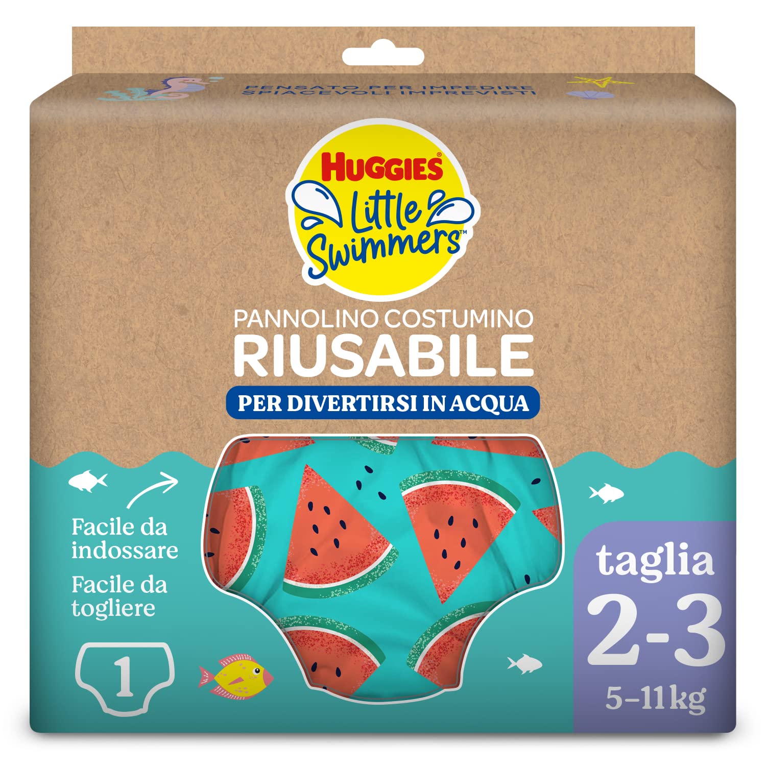 Huggies Little Swimmers, Pannolino Costumino, Taglia 2-3 (5-11 kg), Riutilizzabile, Con Fantasia Angurie, 1 Pz