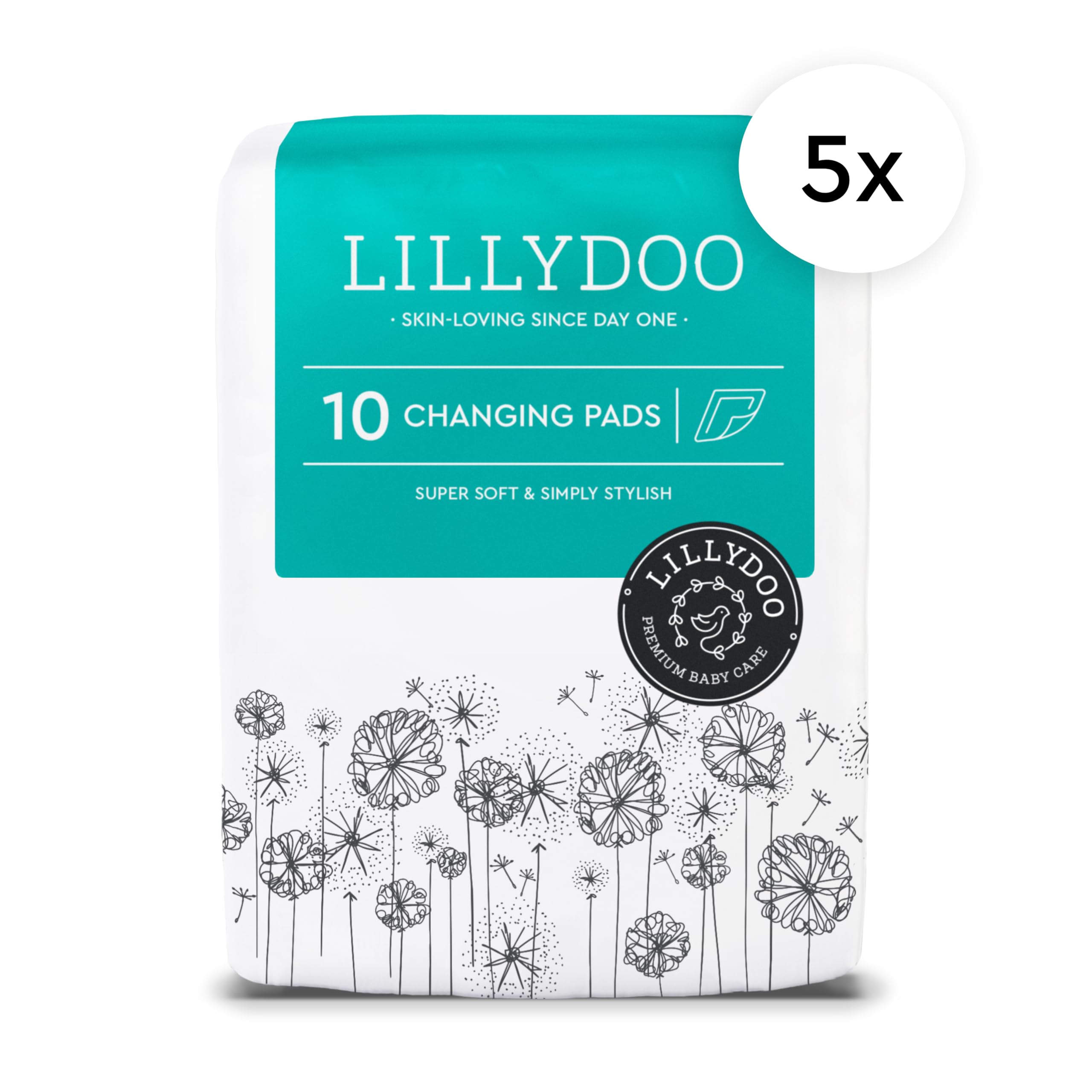 Teli cambio LILLYDOO – 60 x 60 cm, confezione da 50 pezzi (5x10 pezzi), super morbidi, senza profumi e lozioni, ideali per pelli sensibili, dermatologicamente testati