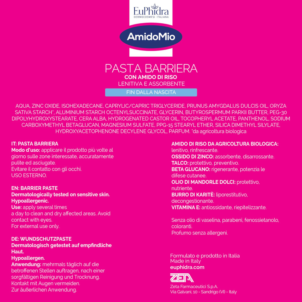 Euphidra - AmidoMio Pasta Barriera, Azione Protettiva e Lenitiva con Amido di Riso 100% da agricoltura biologica, Indicato per le Pelli Fragili e Sottili dei Neonati, Tubo 150ml