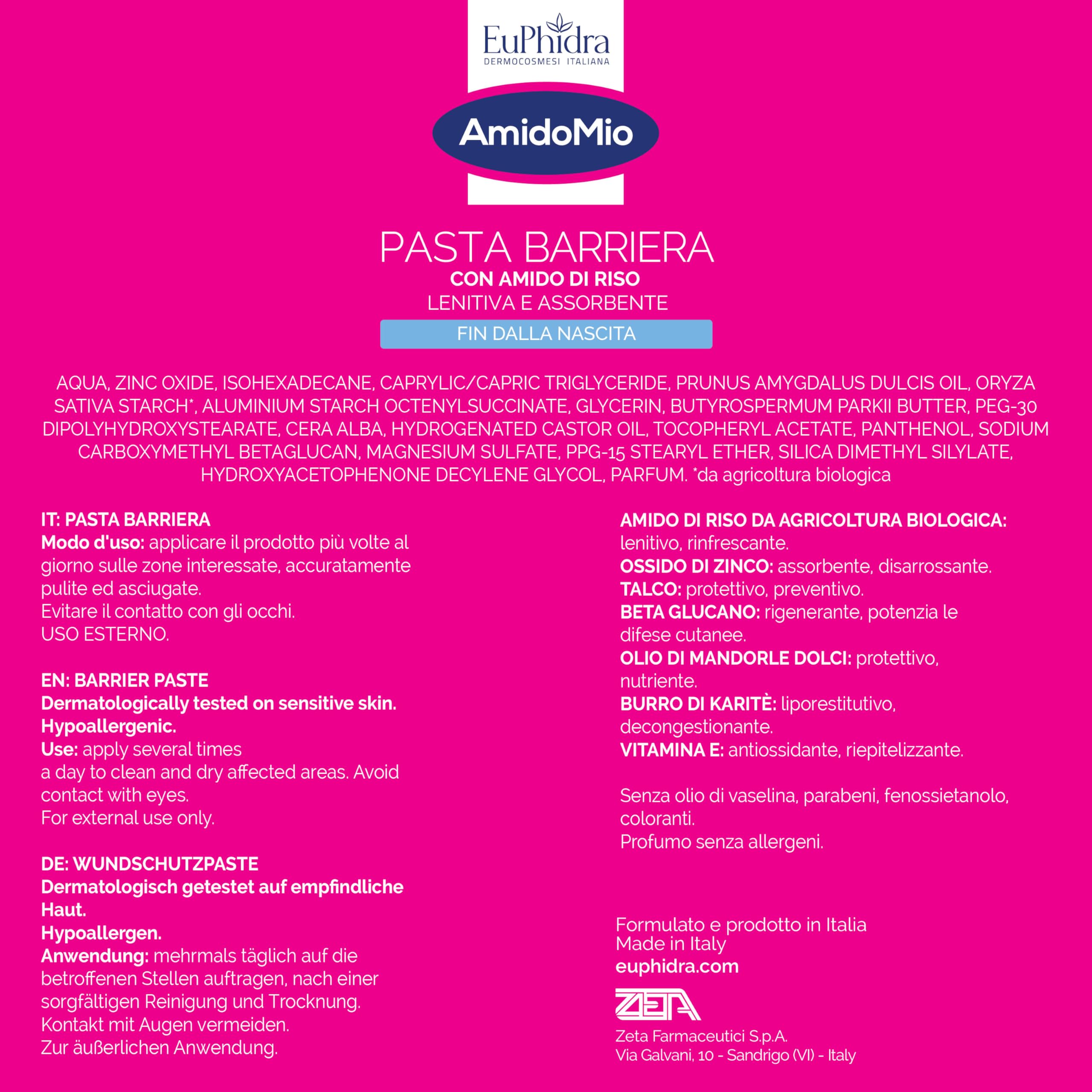 Euphidra - AmidoMio Pasta Barriera, Azione Protettiva e Lenitiva con Amido di Riso 100% da agricoltura biologica, Indicato per le Pelli Fragili e Sottili dei Neonati, Tubo 150ml