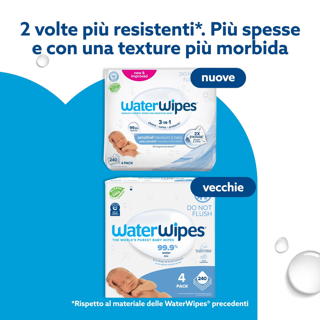 WaterWipes Sensitive+ Newborn & Baby Wipes, Salviettine per Neonati e Bambini, 240 Pezzi (4 Confezioni), Deterge, Cura, Protegge, 99,9% Acqua, Senza Profumo
