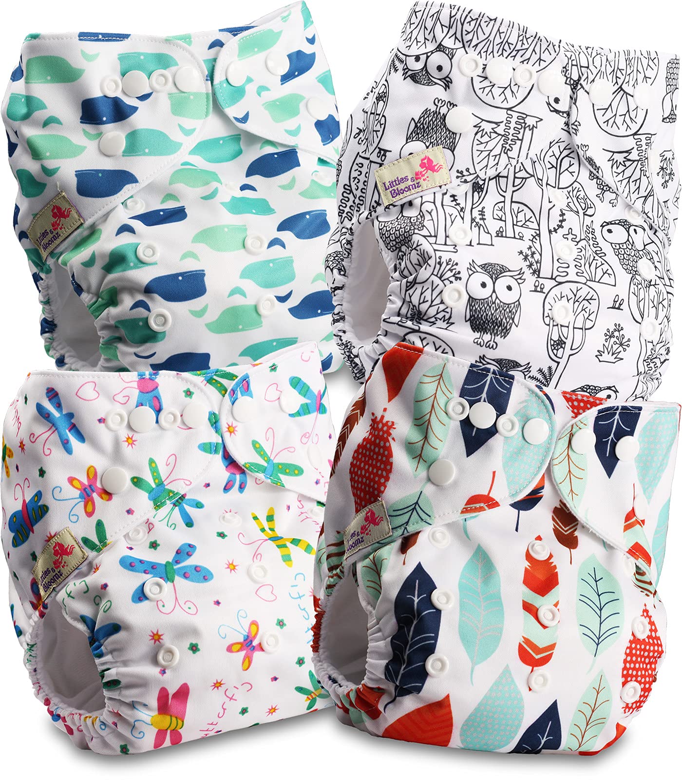 Littles and Bloomz FLP2-0409 - Pannolino lavabile per bambini, riutilizzabile, con bottoni a pressione standard, confezione da 4 pannolini