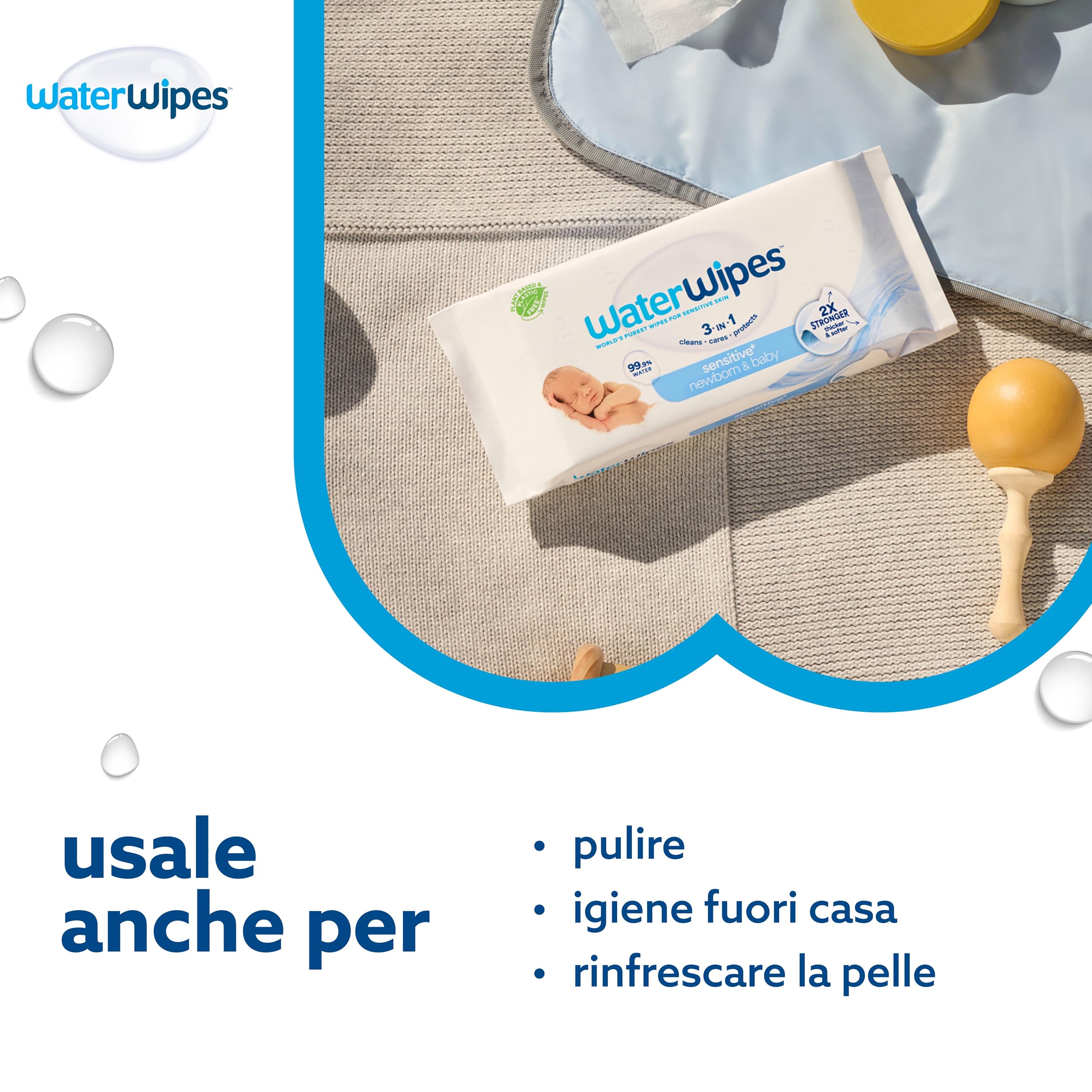 WaterWipes Sensitive+ Newborn & Baby Wipes, Salviettine per Neonati e Bambini, 240 Pezzi (4 Confezioni), Deterge, Cura, Protegge, 99,9% Acqua, Senza Profumo
