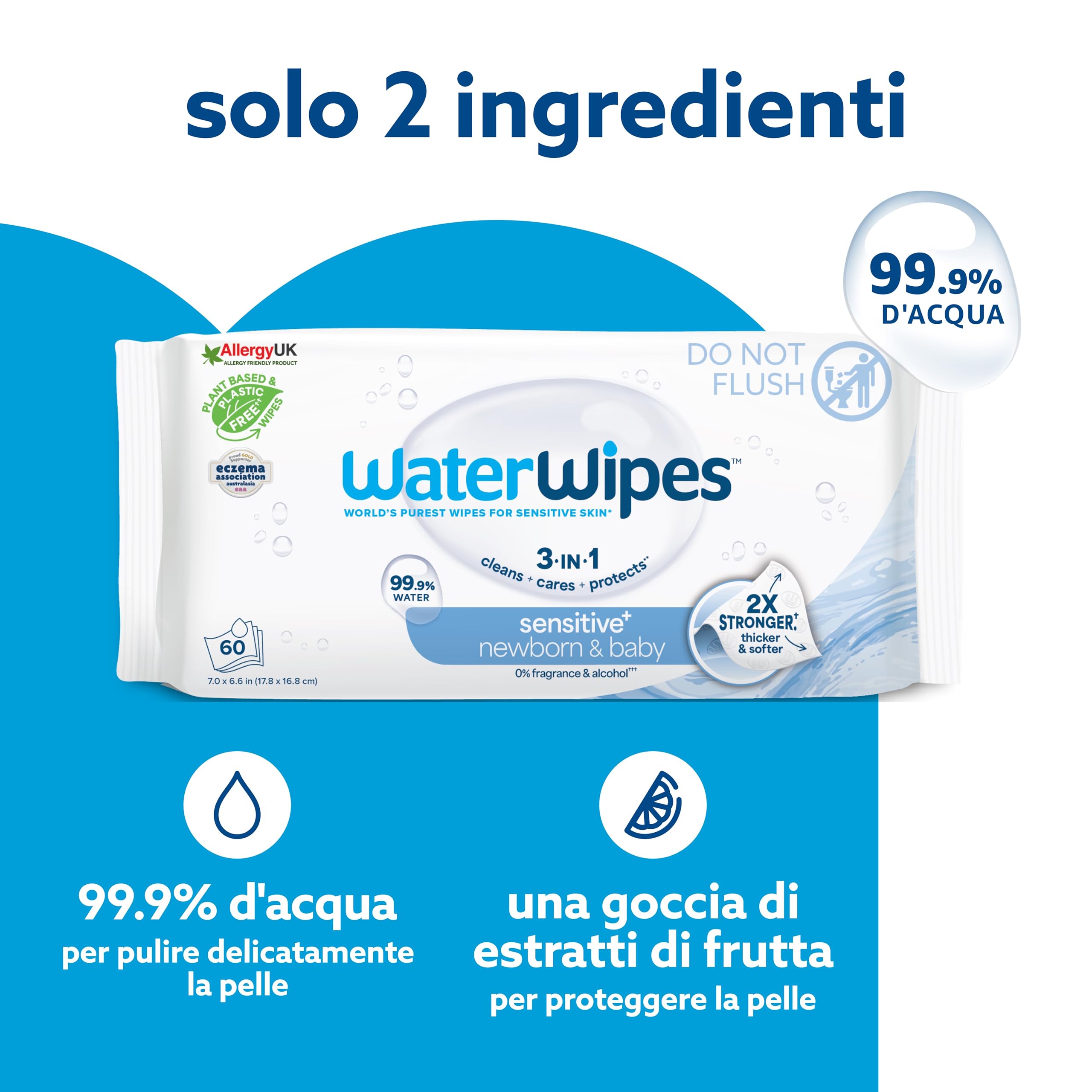 WaterWipes Sensitive+ Newborn & Baby Wipes, Salviettine per Neonati e Bambini, 240 Pezzi (4 Confezioni), Deterge, Cura, Protegge, 99,9% Acqua, Senza Profumo