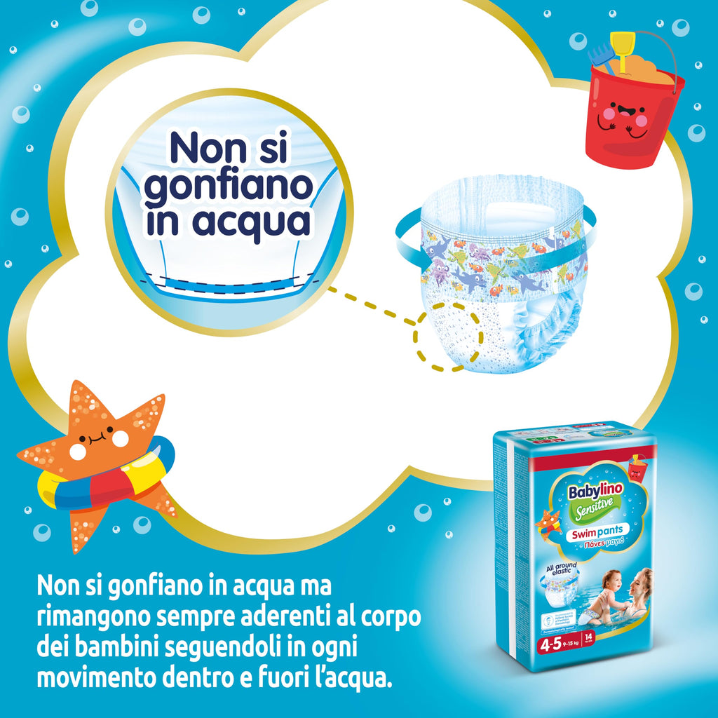 Babylino Sensitive SwimPants, Pannolini Mare e Piscina, Taglia 4-5 (9-15kg), 14 Unità